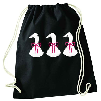 Three geese illustration black drawstring bag