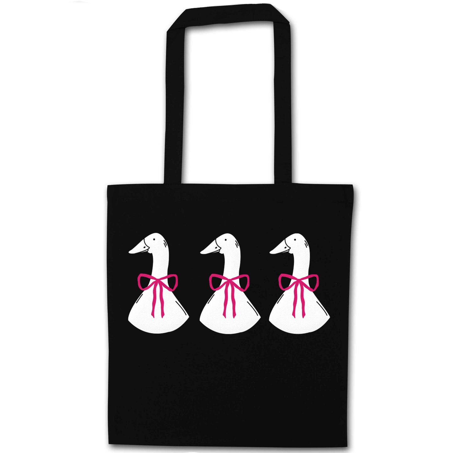 Three geese illustration black tote bag