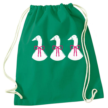 Three geese illustration green drawstring bag