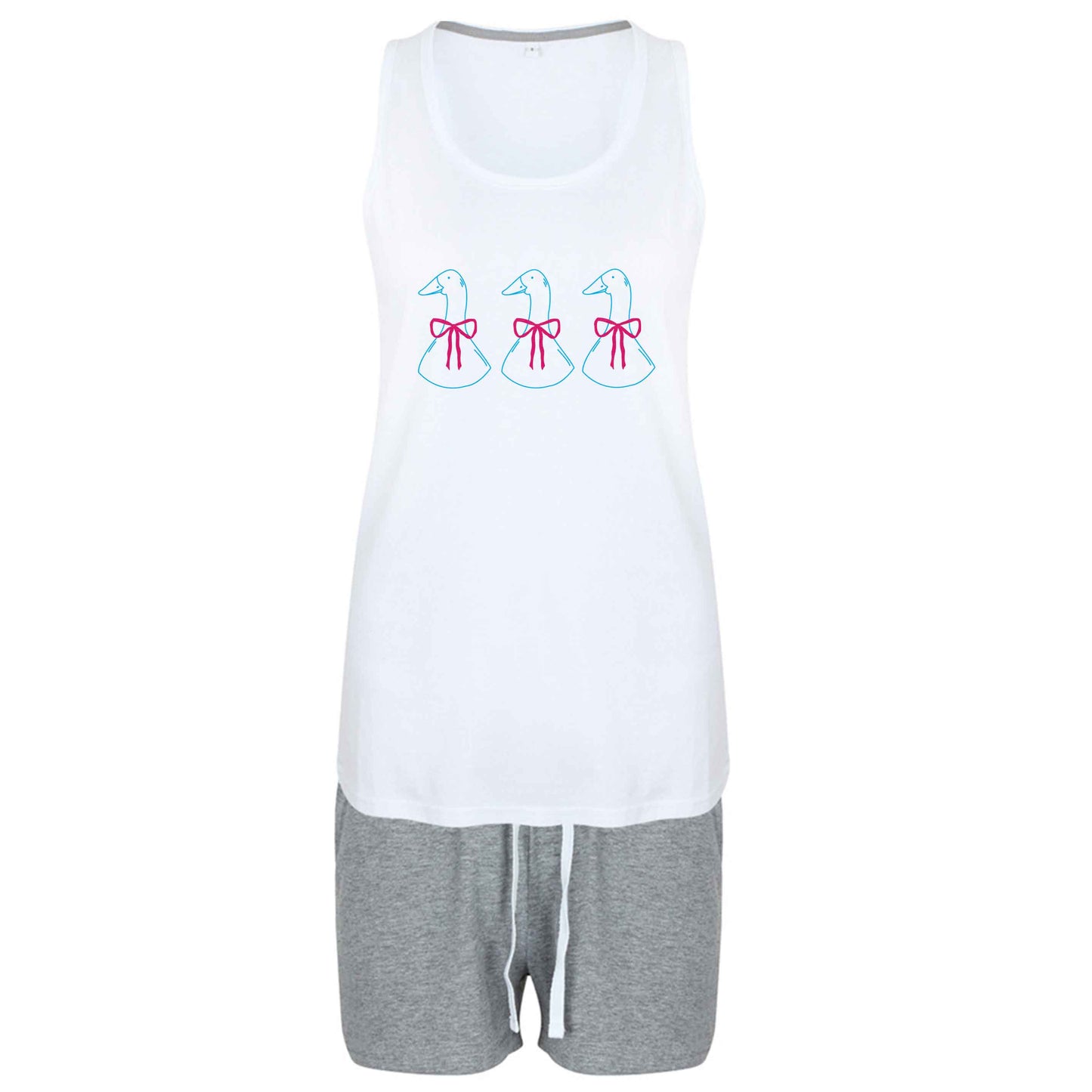 Three geese illustration size XL women's pyjama shorts set in pink 