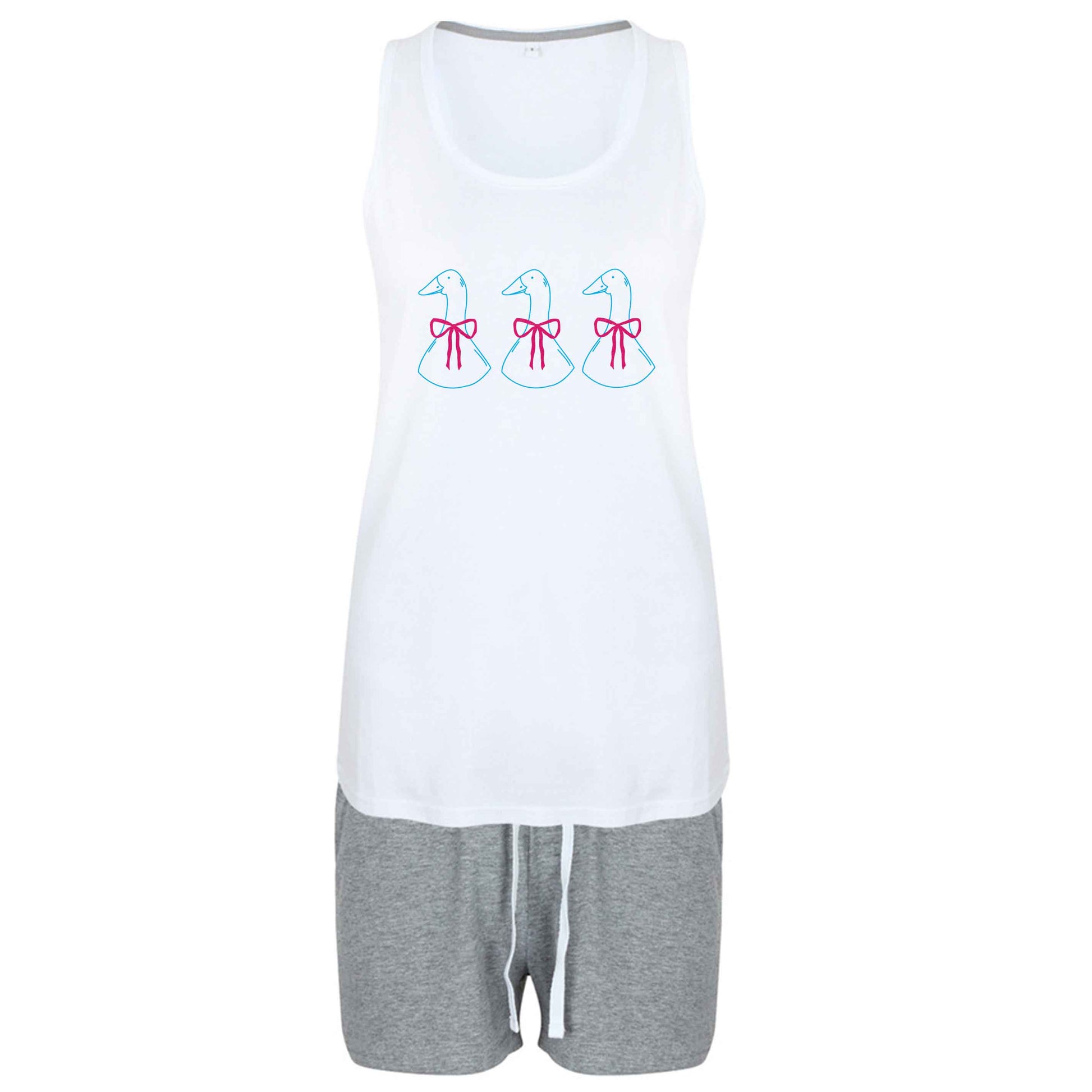 Three geese illustration size XL women's pyjama shorts set in pink 
