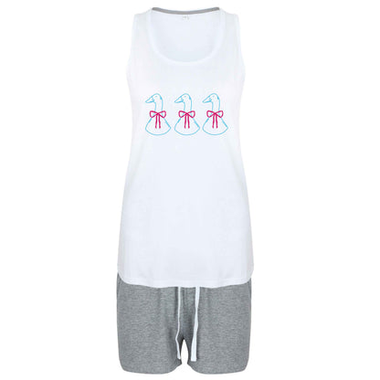 Three geese illustration size XL women's pyjama shorts set in pink 