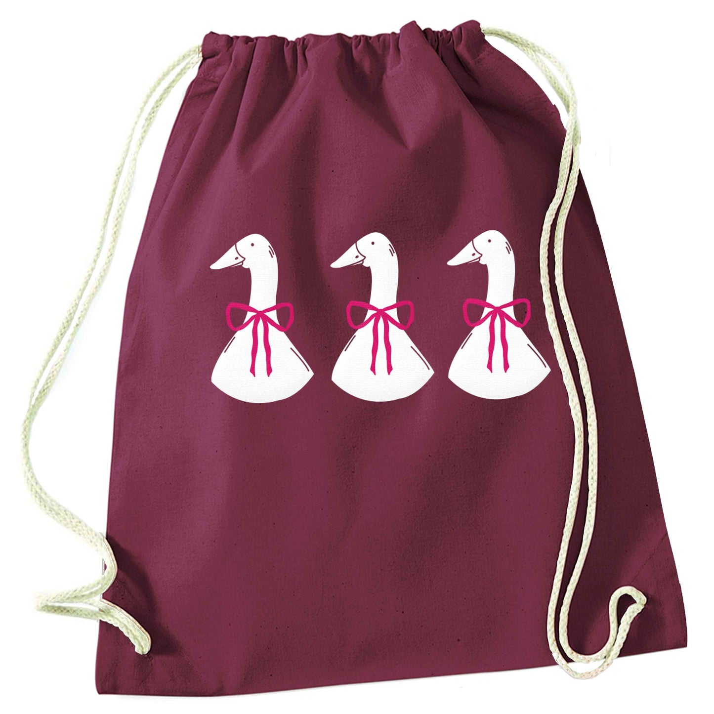 Three geese illustration maroon drawstring bag