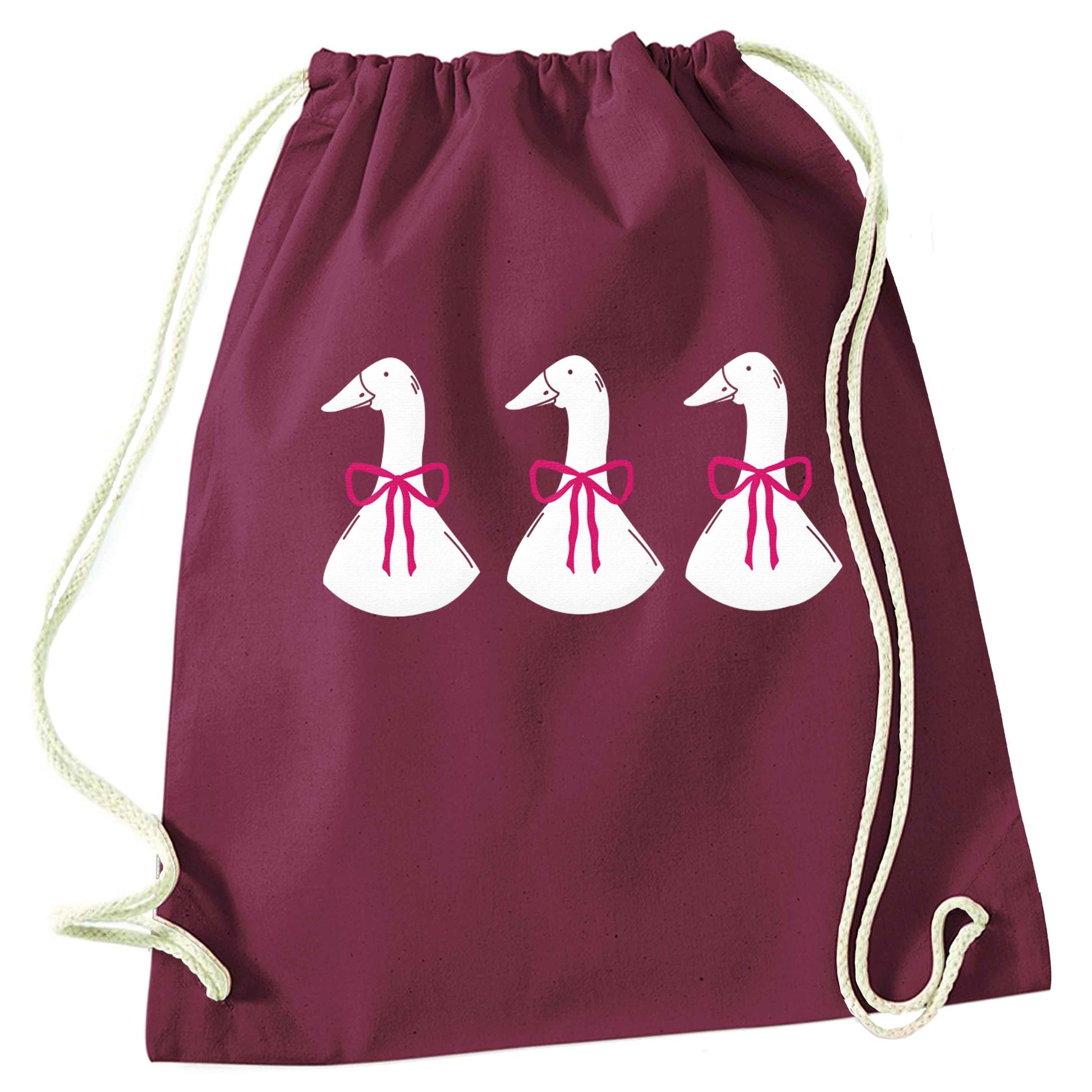 Three geese illustration maroon drawstring bag