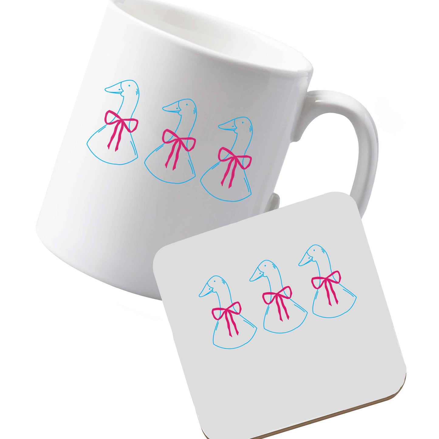 10 oz Ceramic mug and coaster Three geese illustration left sided