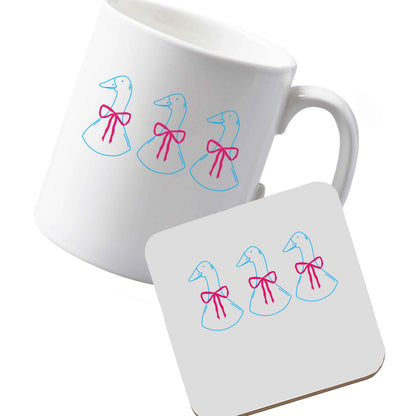 10 oz Ceramic mug and coaster Three geese illustration left sided