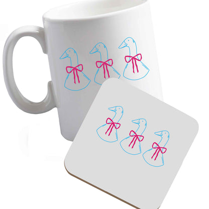 10 oz Ceramic mug and coaster Three geese illustration both sides