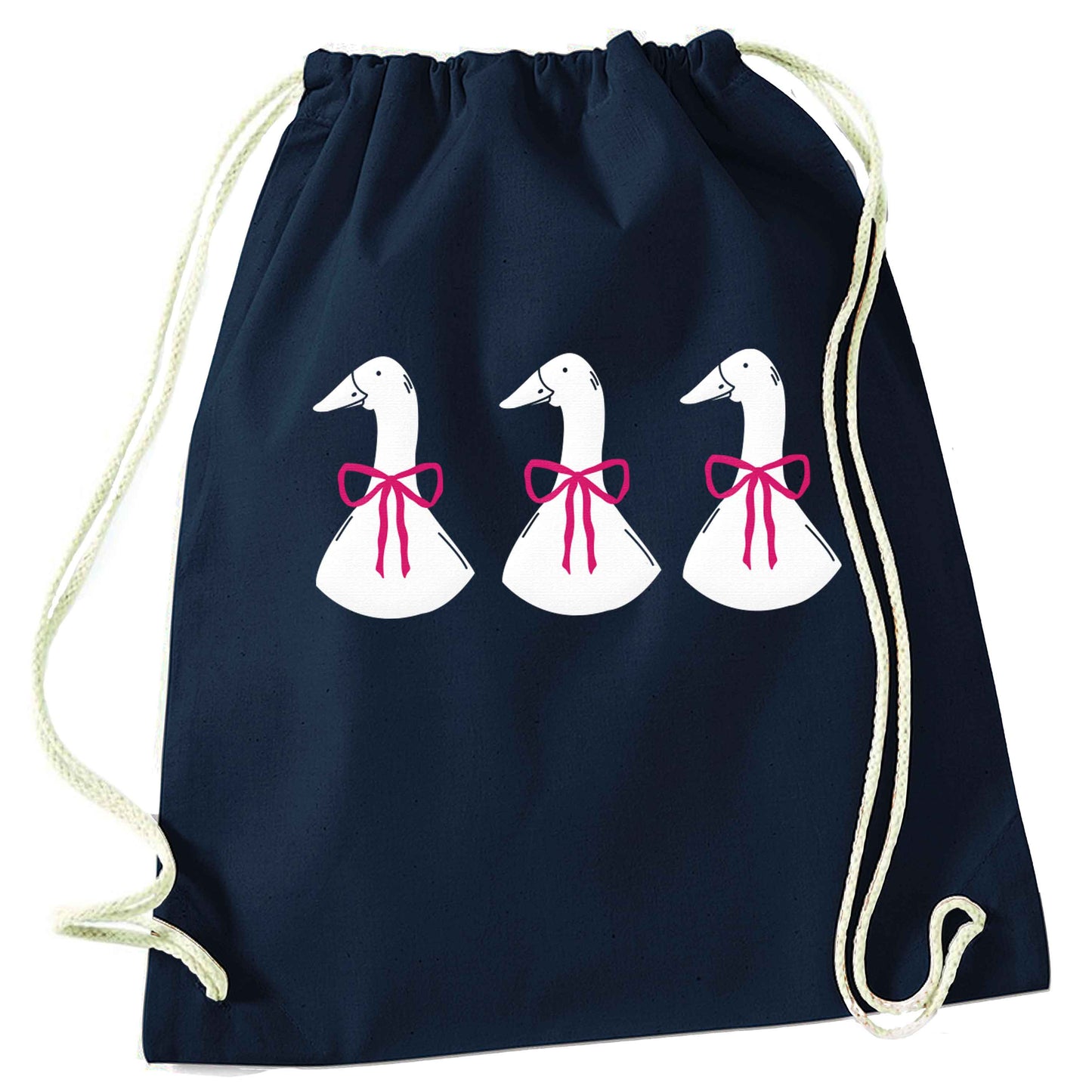 Three geese illustration navy drawstring bag