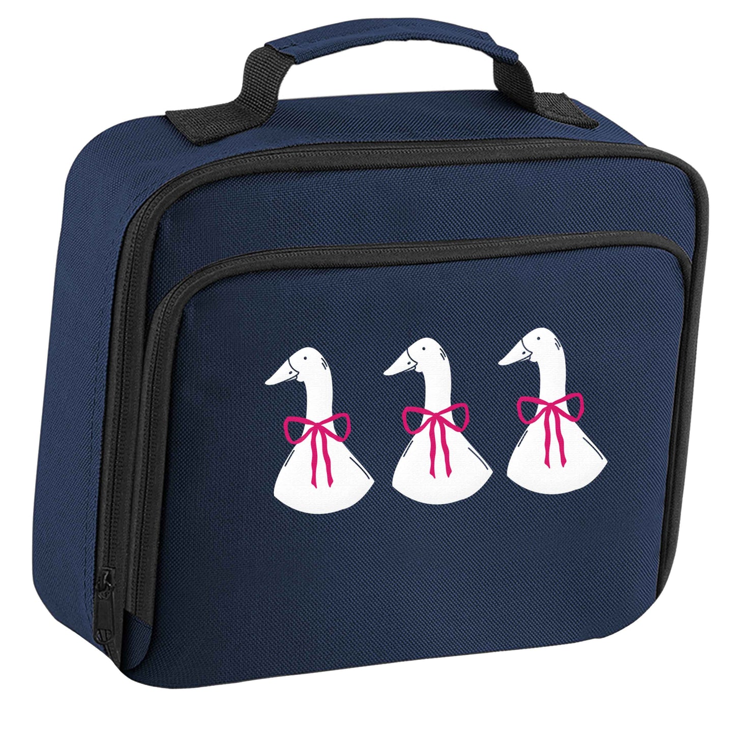 Three geese illustration insulated navy lunch bag cooler
