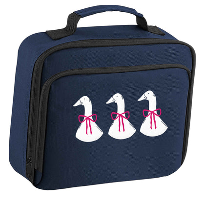 Three geese illustration insulated navy lunch bag cooler