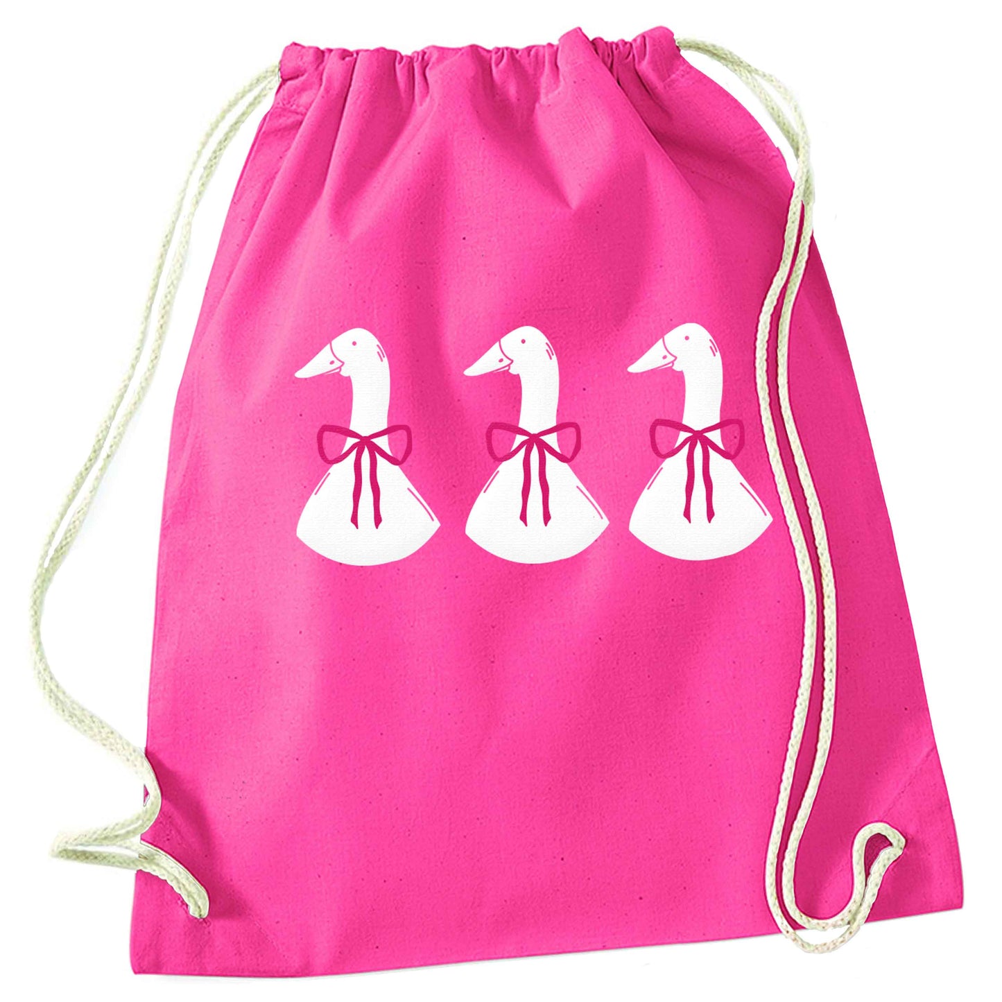 Three geese illustration pink drawstring bag