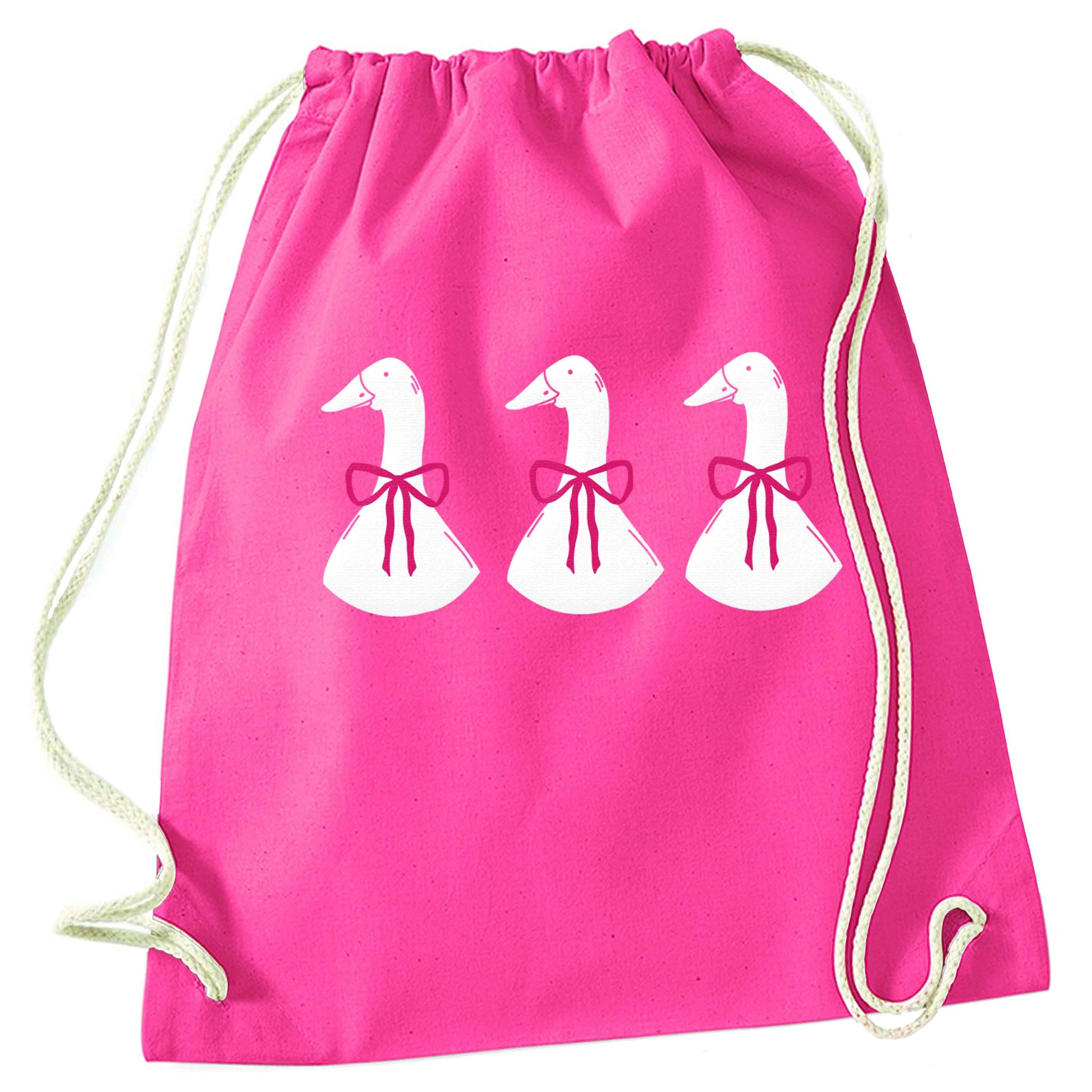 Three geese illustration pink drawstring bag