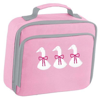 Three geese illustration insulated pink lunch bag cooler