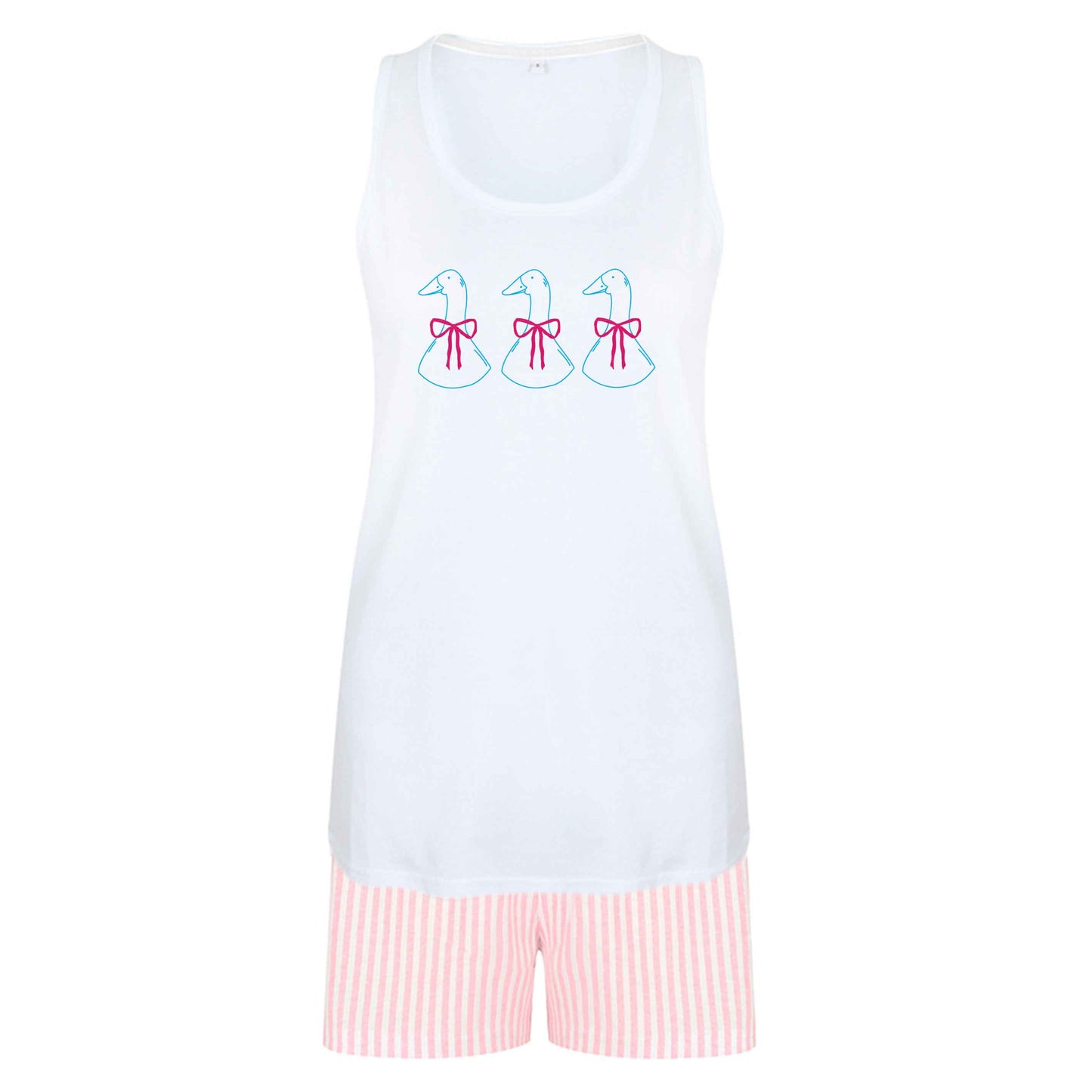 Three geese illustration size XL women's pyjama shorts set in pink 