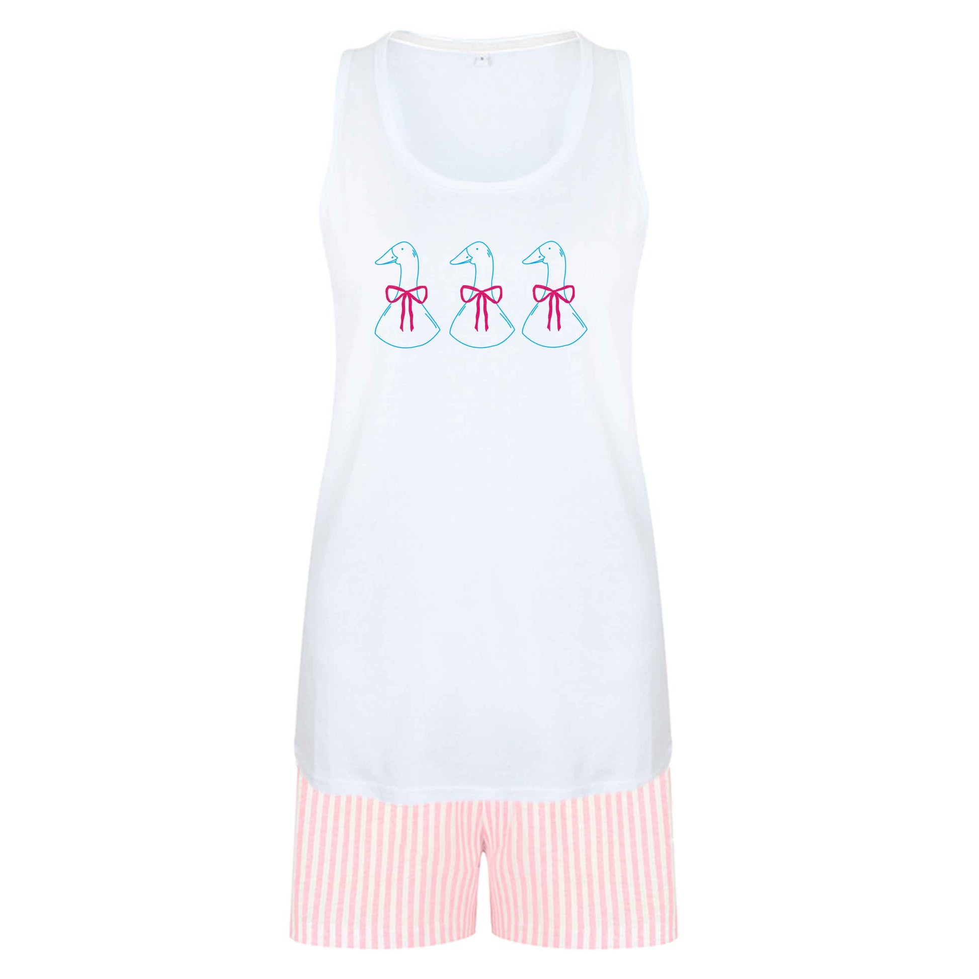 Three geese illustration size XL women's pyjama shorts set in pink 