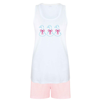 Three geese illustration size XL women's pyjama shorts set in pink 