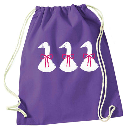 Three geese illustration purple drawstring bag