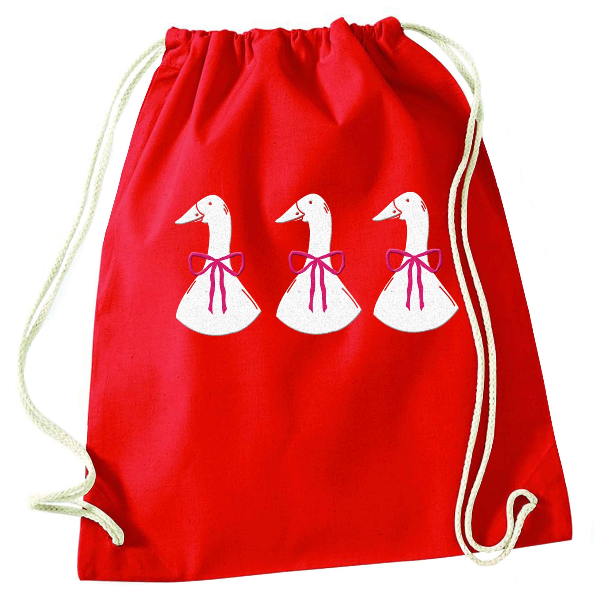 Three geese illustration red drawstring bag 