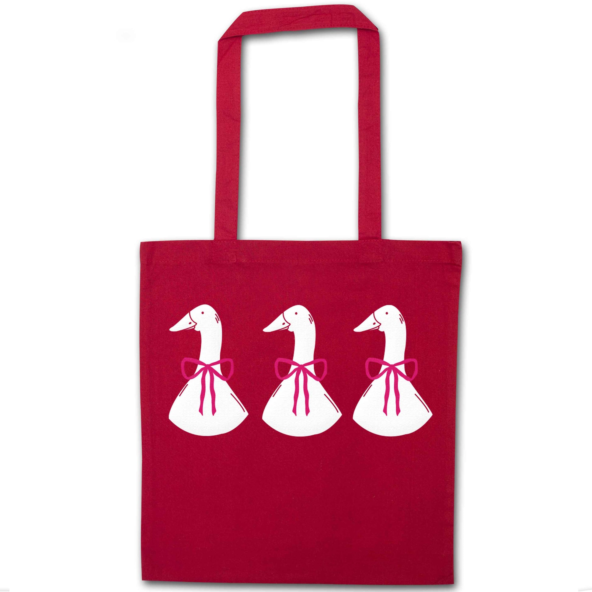 Three geese illustration red tote bag