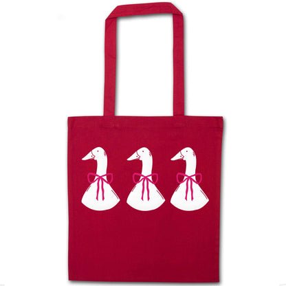Three geese illustration red tote bag