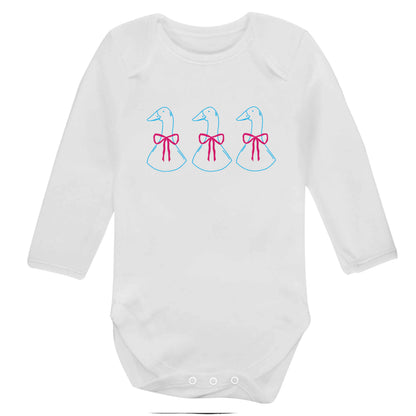 Three geese illustration baby bodysuit long sleeved white 6-12 months