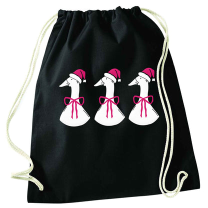 Christmas geese black drawstring bag