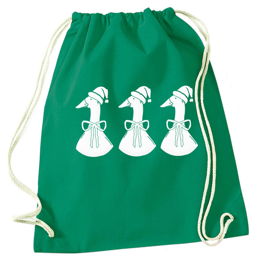 Christmas geese green drawstring bag