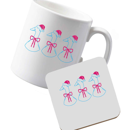 10 oz Ceramic mug and coaster Christmas geese left sided