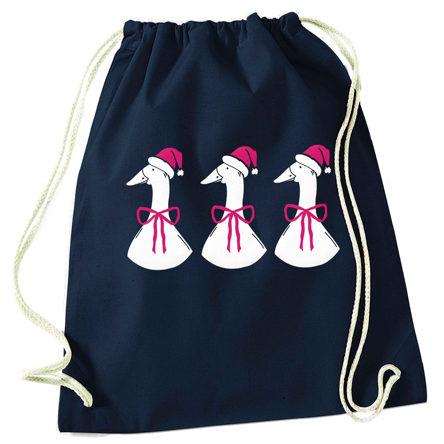 Christmas geese navy drawstring bag