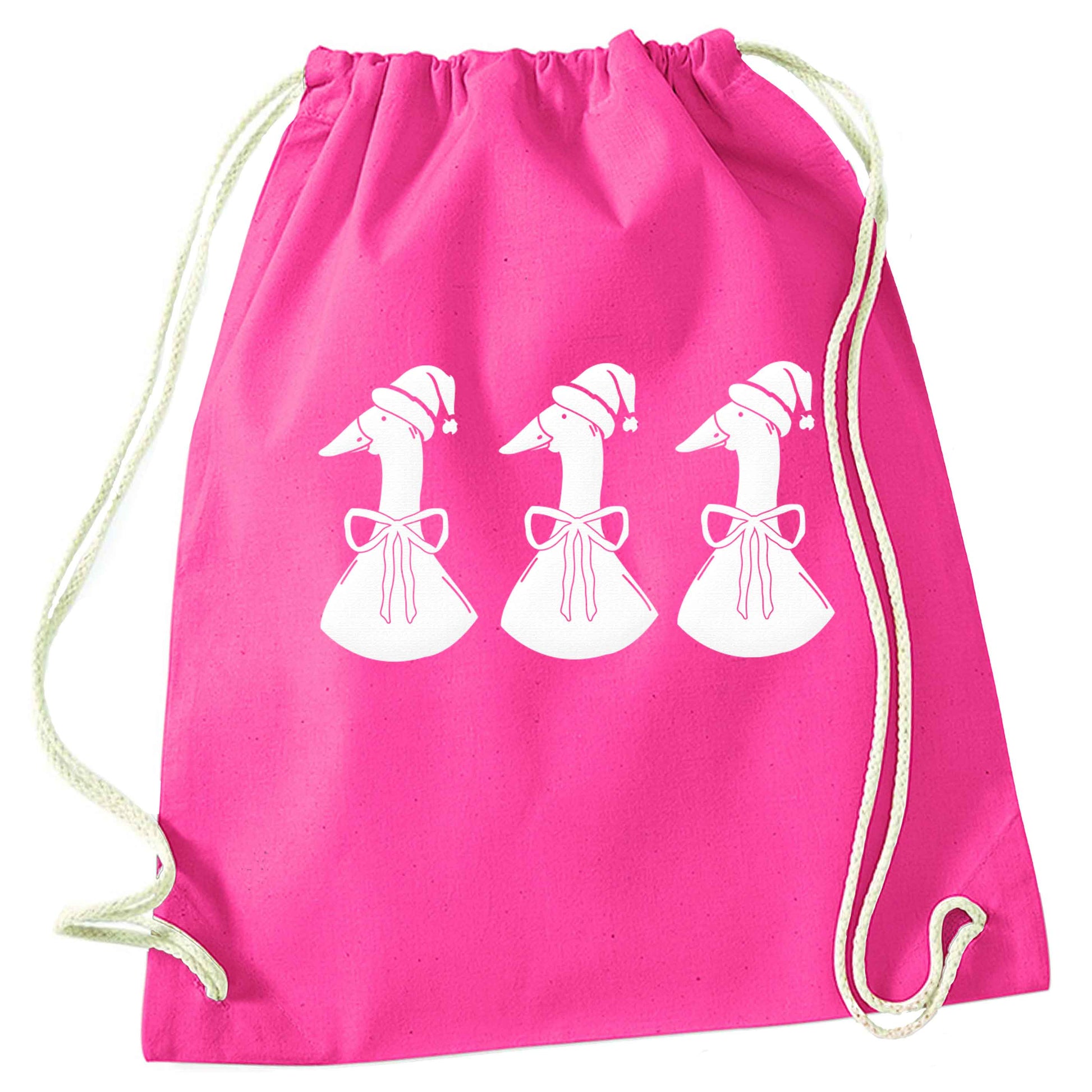 Christmas geese pink drawstring bag