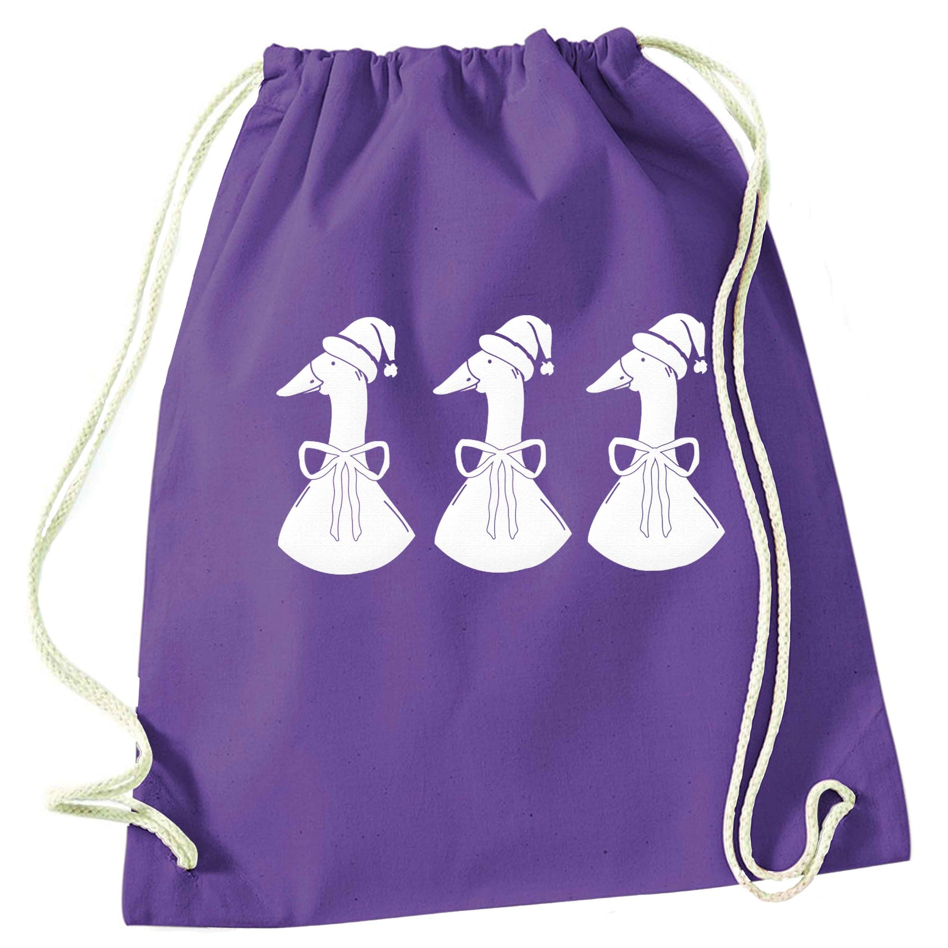 Christmas geese purple drawstring bag