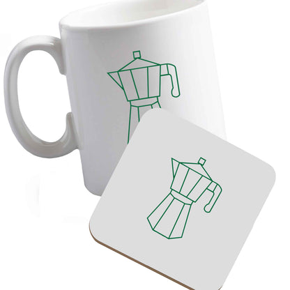 10 oz Ceramic mug and coaster Mokka pot  both sides