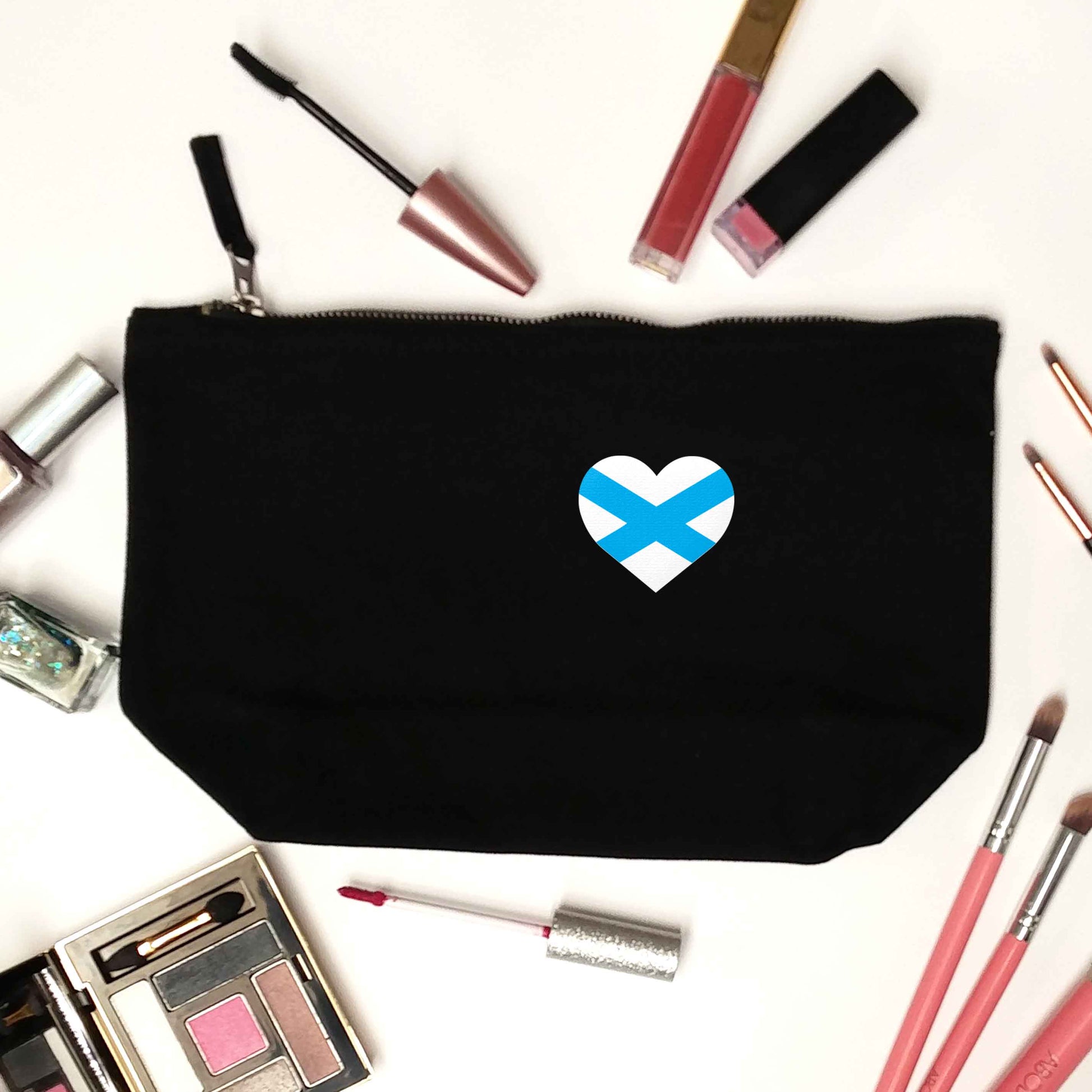 Scottish flag heart - pocket design black makeup bag