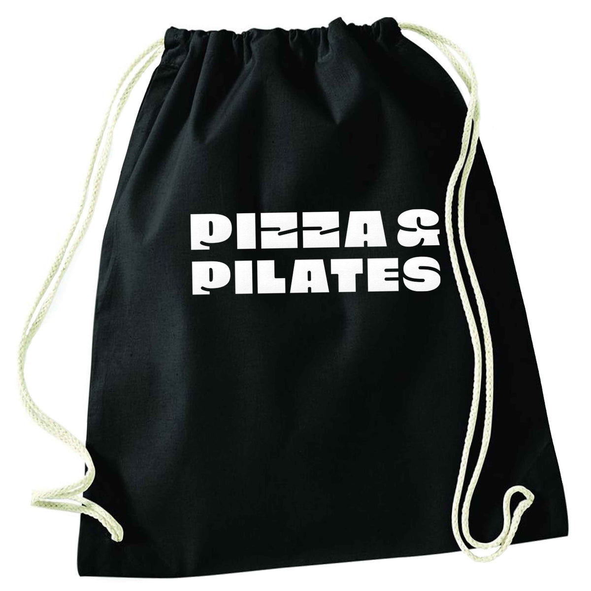 Pizza and pilates black drawstring bag