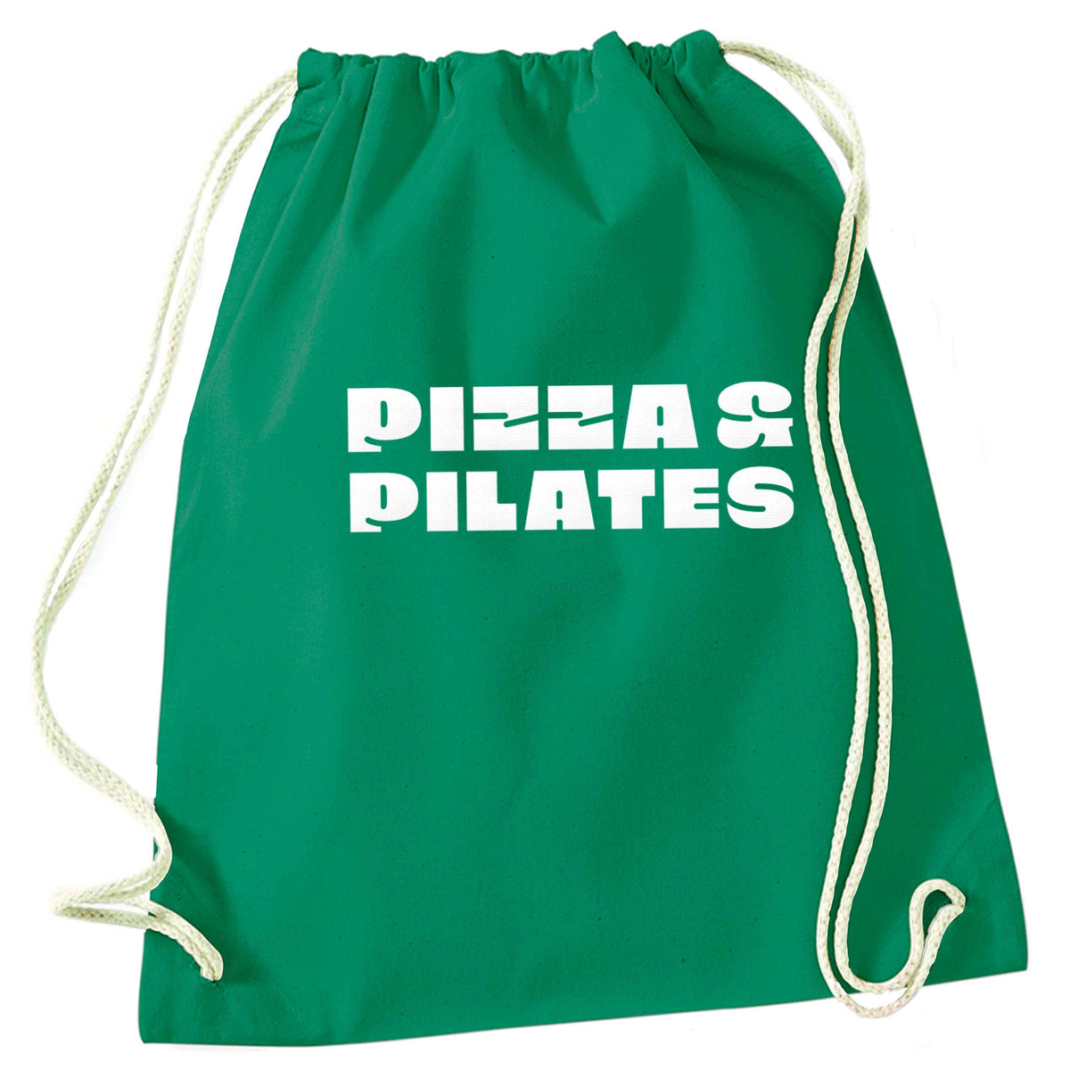 Pizza and pilates green drawstring bag