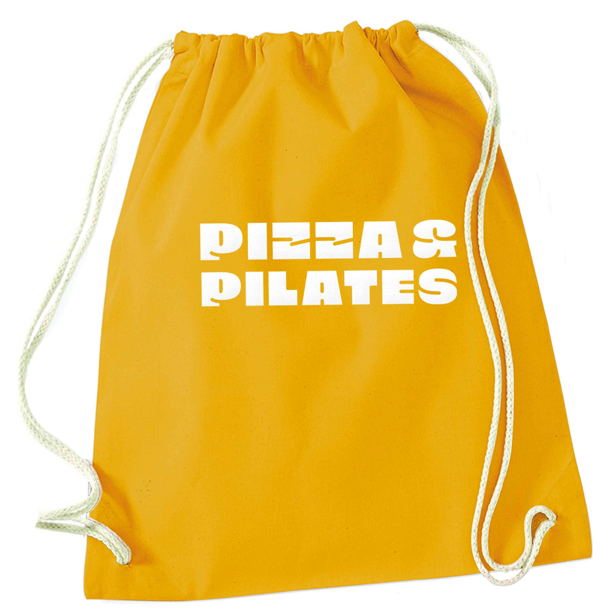 Pizza and pilates mustard drawstring bag