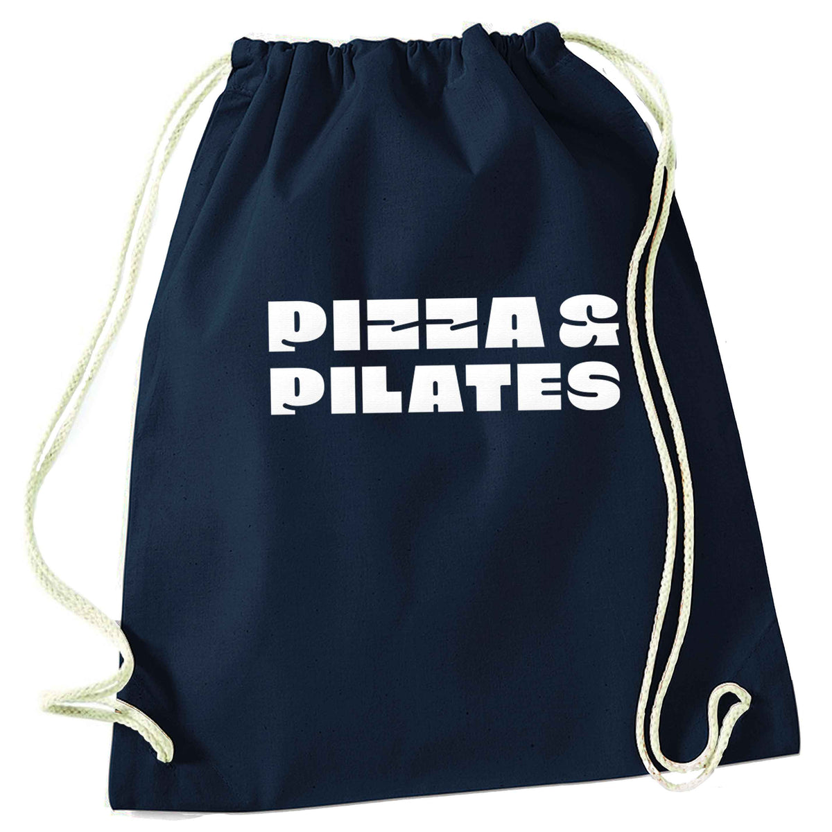 Pizza and pilates navy drawstring bag