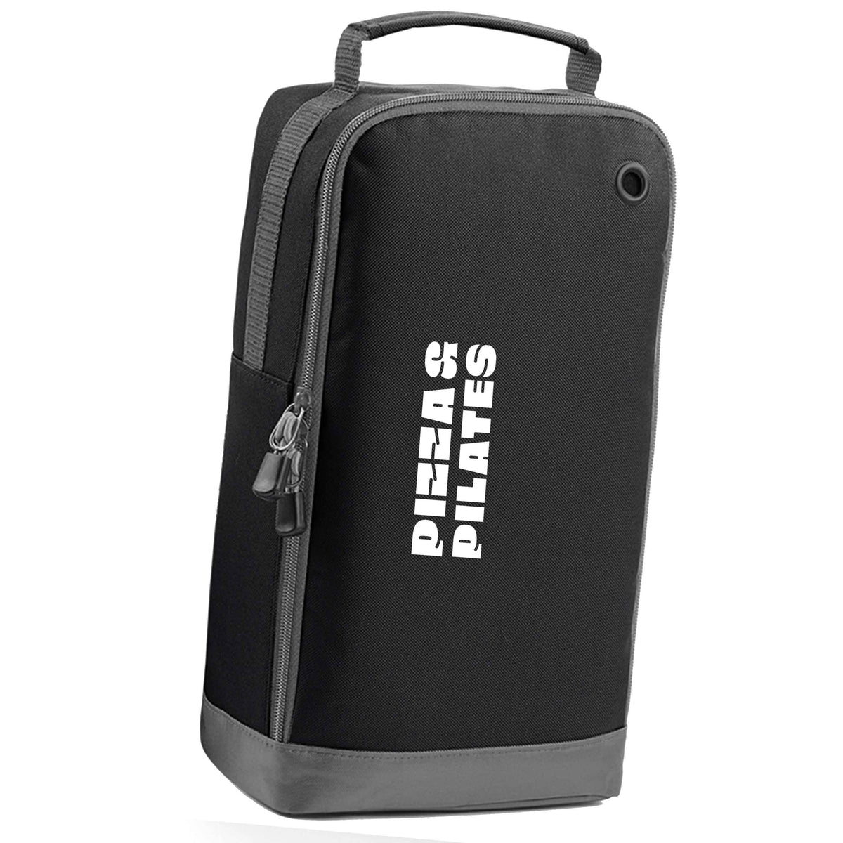 Pizza and pilates black sports shoe bag horizontal print