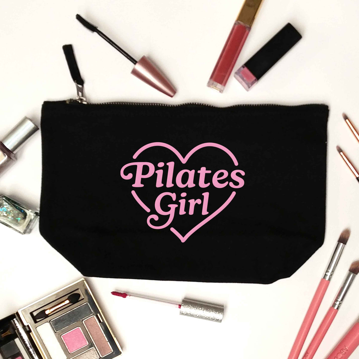 Pilates girl heart design black makeup bag