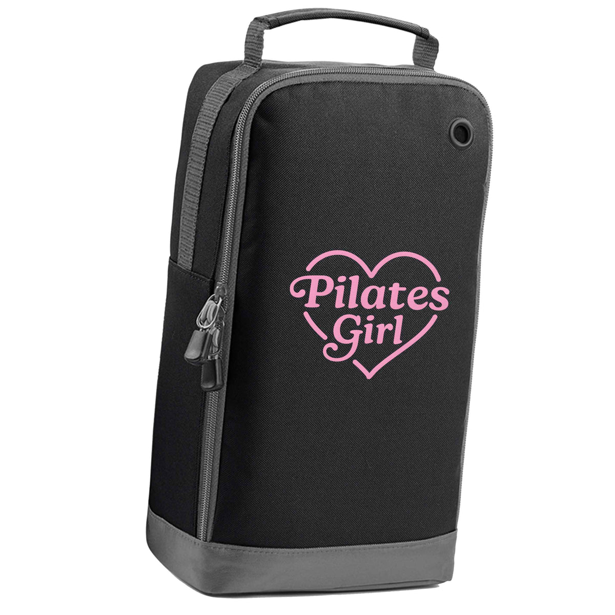 Pilates girl heart design black sports shoe bag vertical print