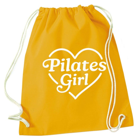 Pilates girl heart design mustard drawstring bag