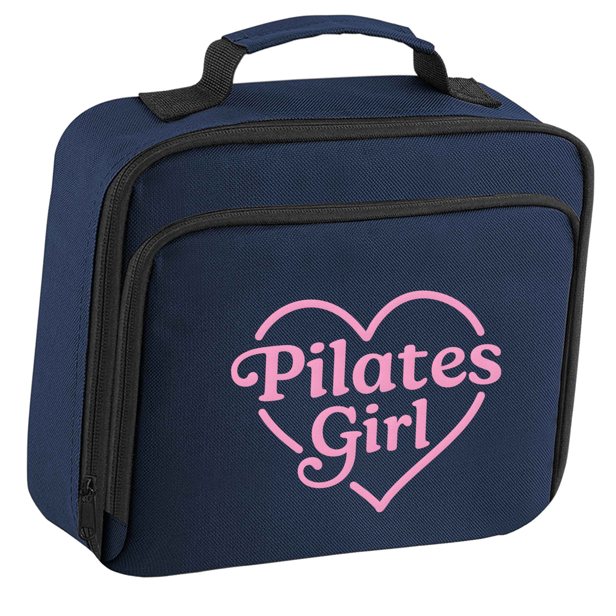 Pilates girl heart design insulated navy lunch bag cooler