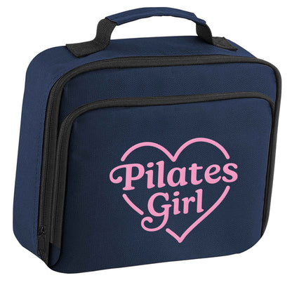 Pilates girl heart design insulated navy lunch bag cooler