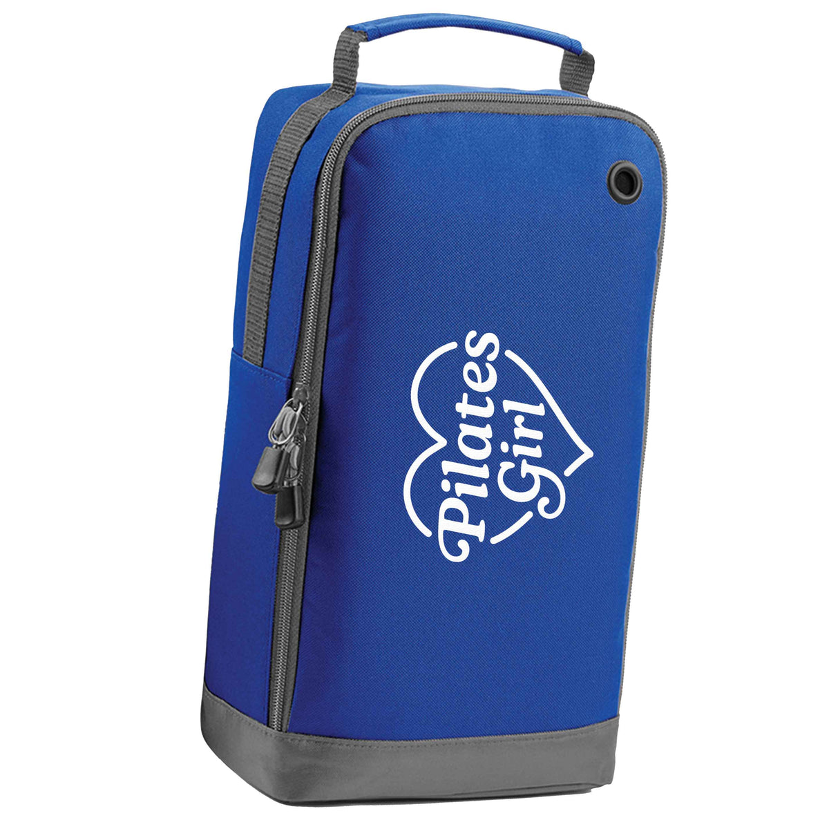 Pilates girl heart design blue sports shoe bag horizontal print
