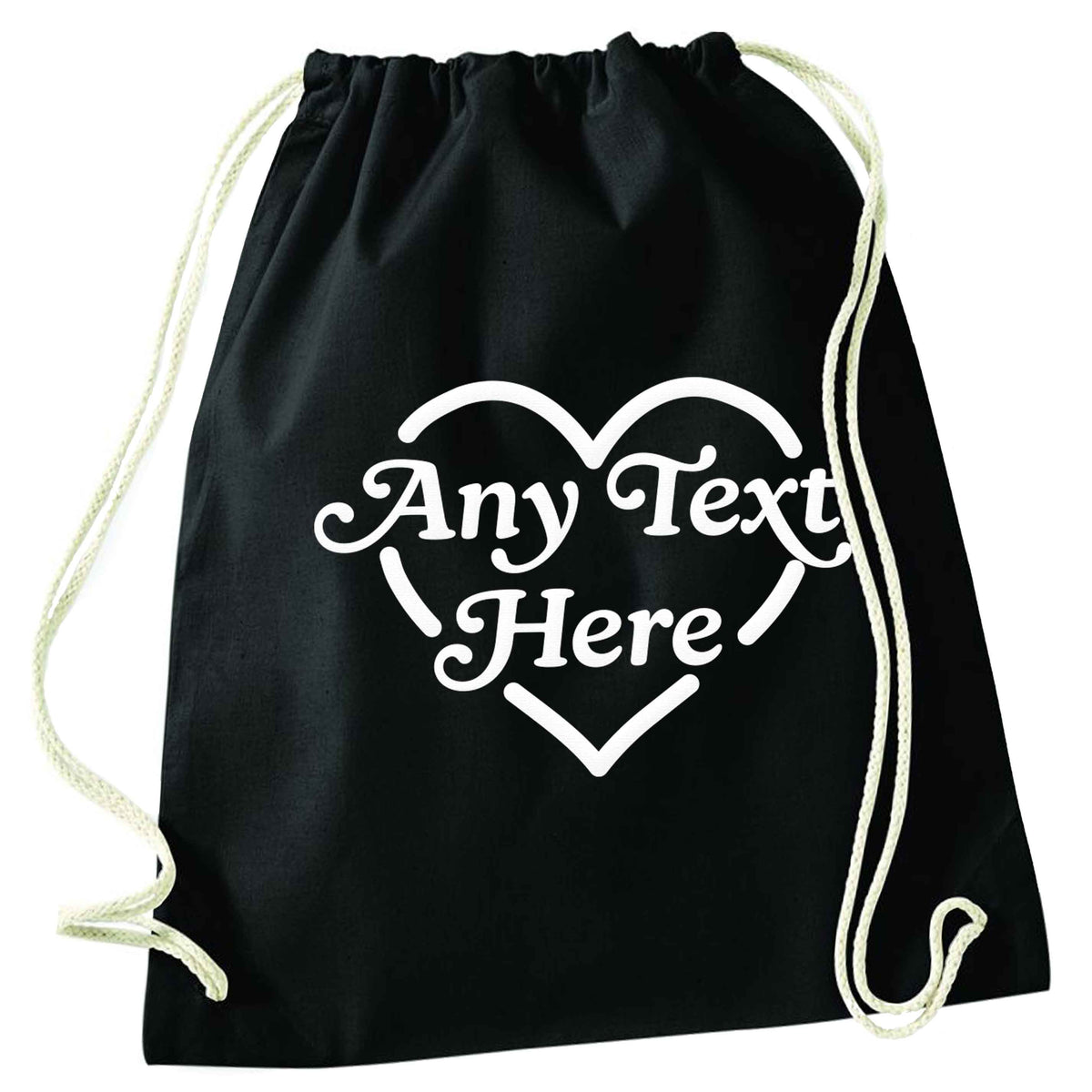 Any text inside heart black drawstring bag