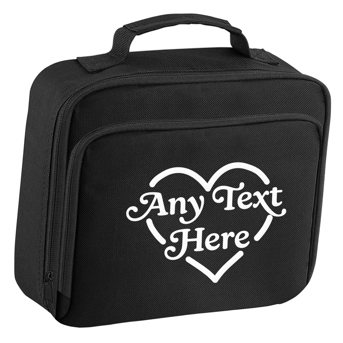 Any text inside heart insulated black lunch bag cooler
