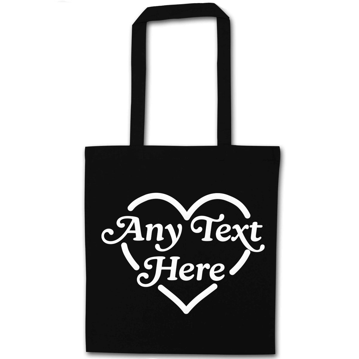 Any text inside heart black tote bag
