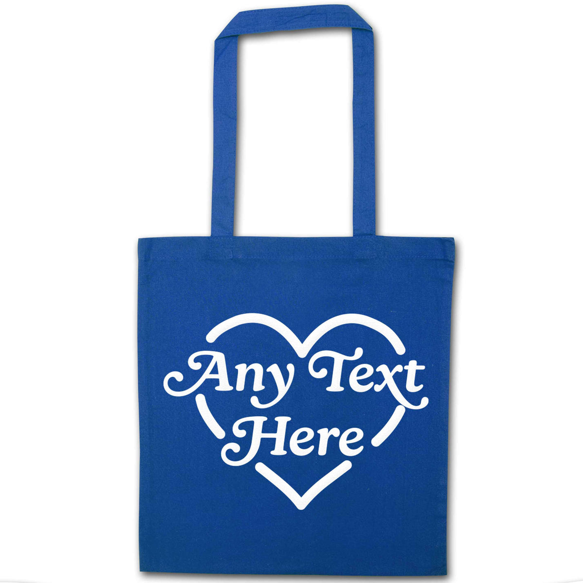 Any text inside heart blue tote bag