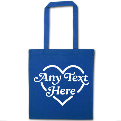 Any text inside heart blue tote bag