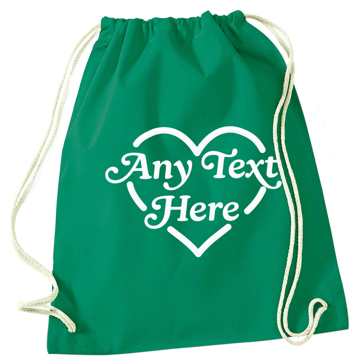 Any text inside heart green drawstring bag